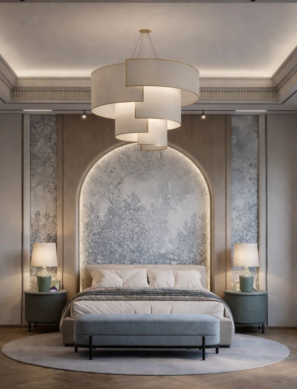 Neurodesign bedroom in soft blue-grey and green-grey tones