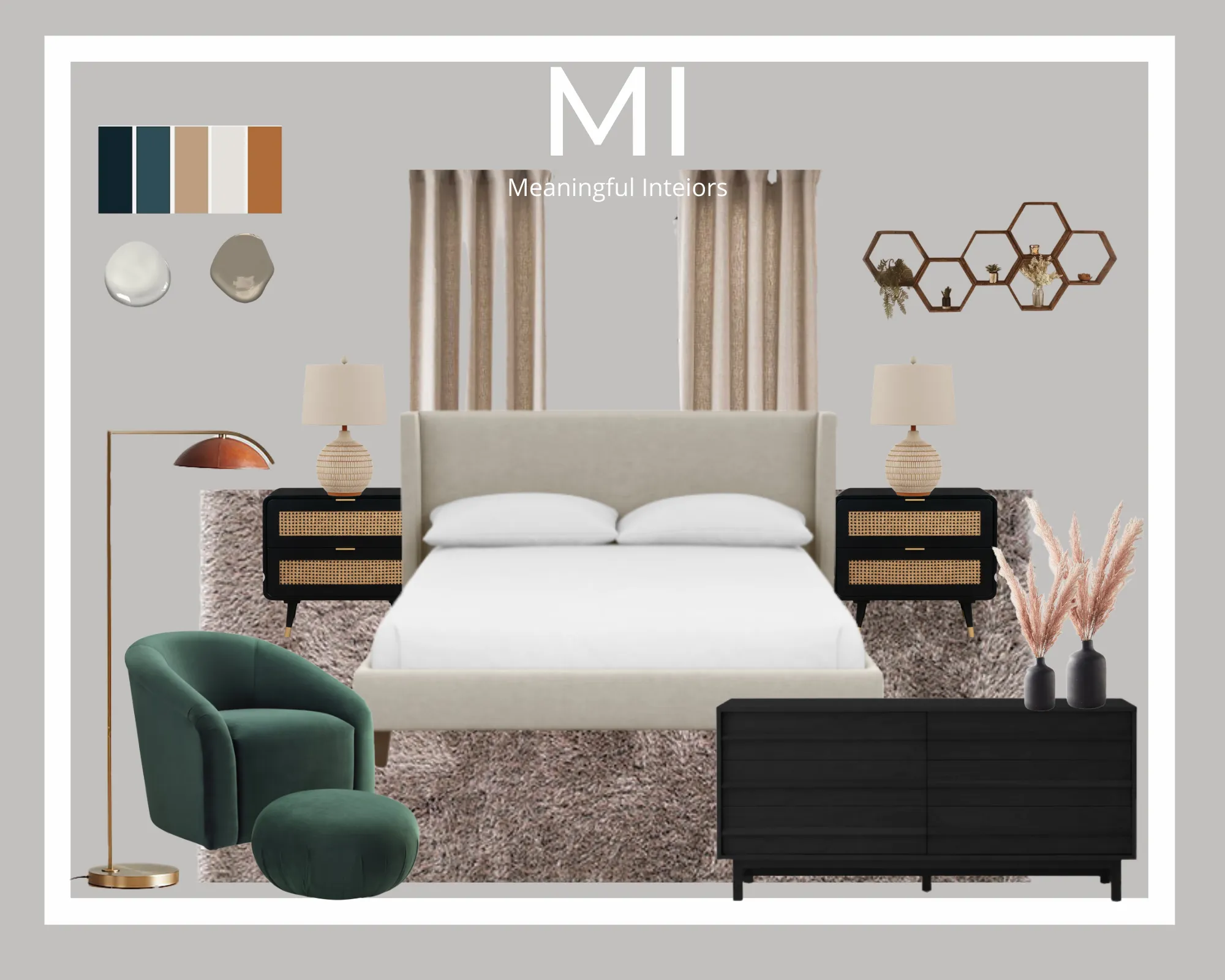 Bedroom design board with bed, lighting, and accent chair selections