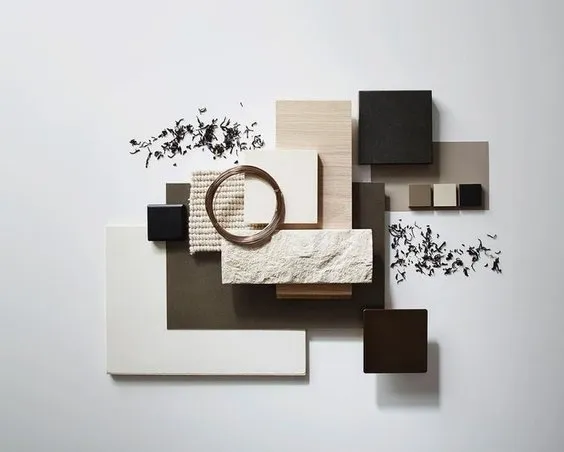 Material sample board in stone, wood, and plaster tones