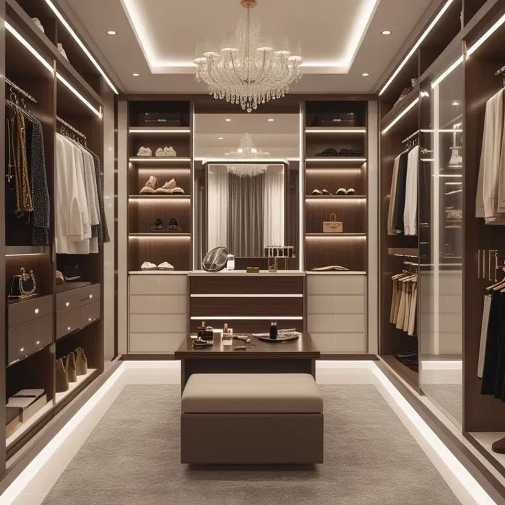 Dark wood closet with LED-lit shelving and a central island