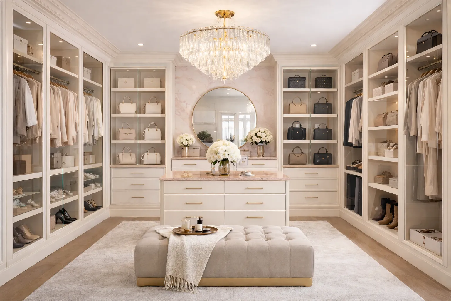 Symmetrical luxury closet with marble island, crystal chandelier, and warm backlit shelving
