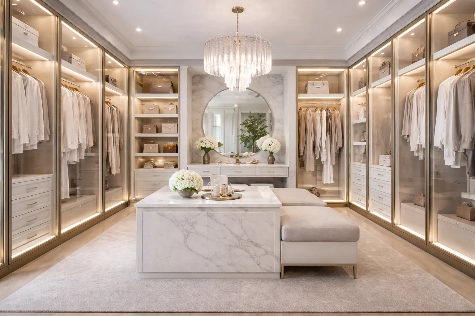Luxury walk-in closet with warm lighting and a central ottoman