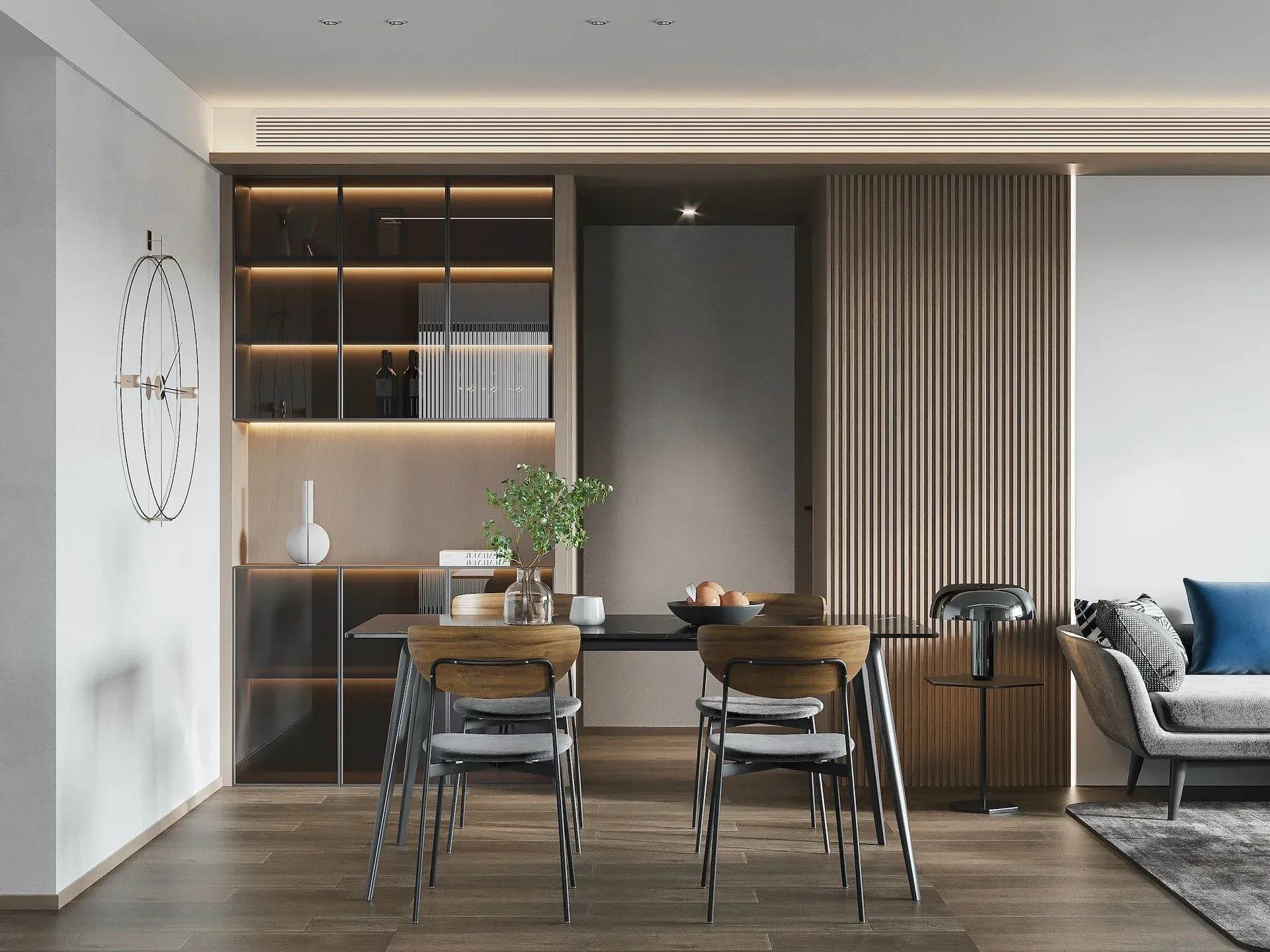 Open dining and living area with wood slat walls
