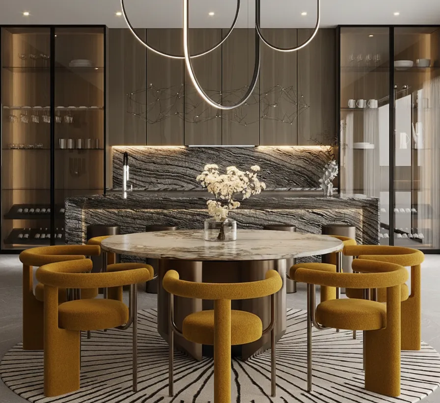 Dining room with a marble table and ochre velvet chairs
