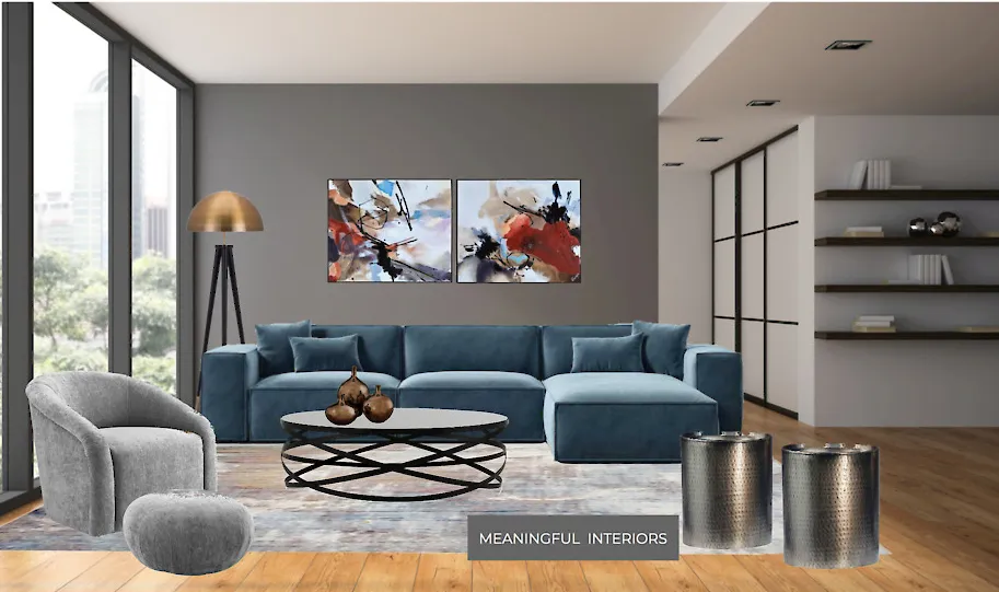 Living room design board with a blue sofa and art selections