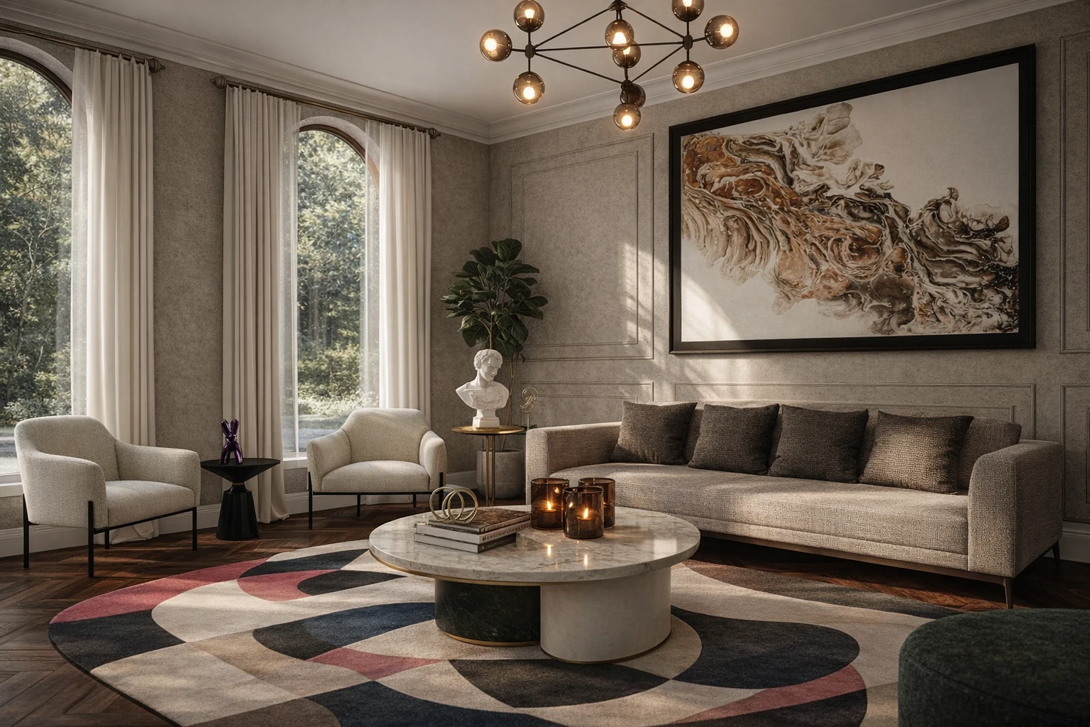 Living room designed by Meaningful Interiors with soft neutrals and a sculptural chandelier