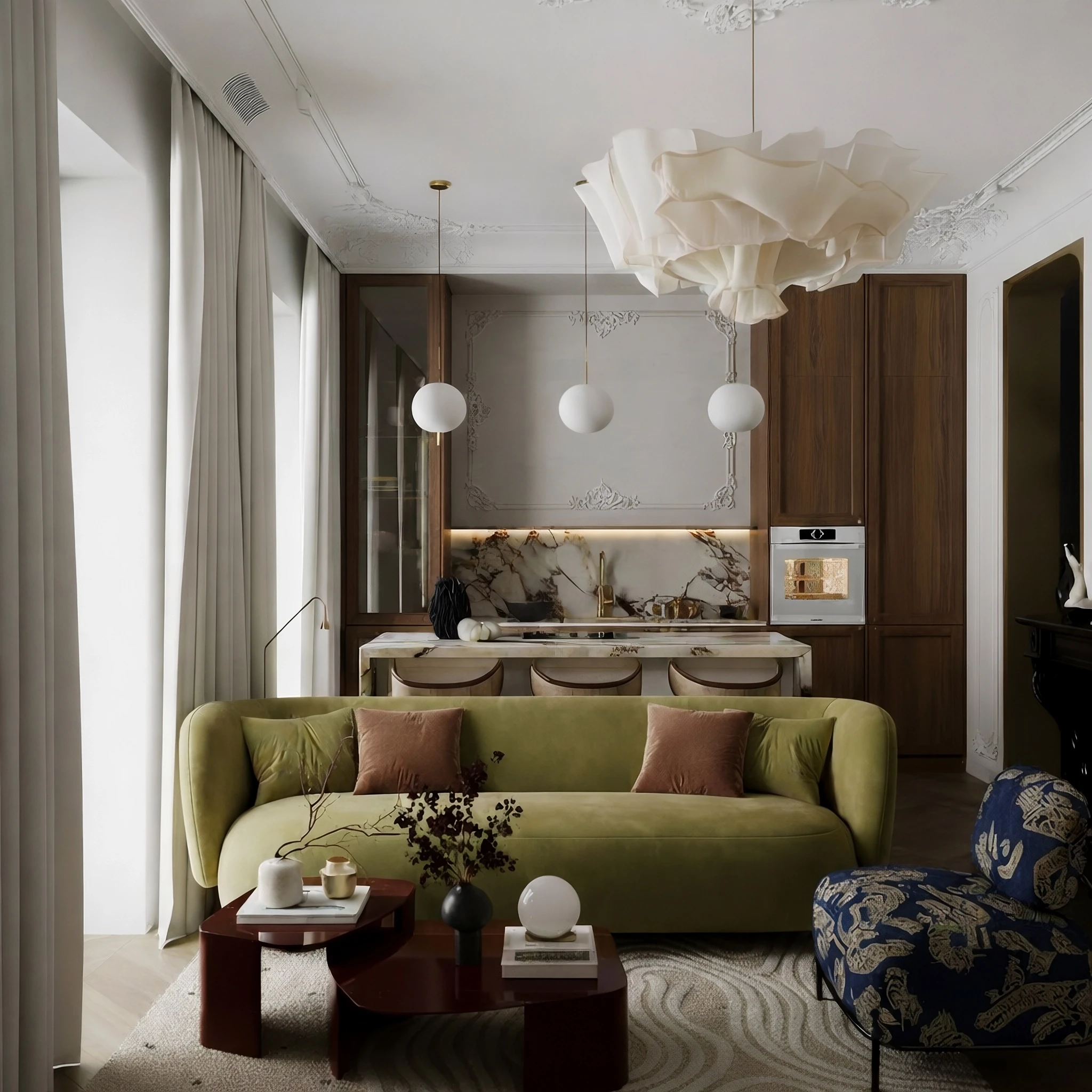 Living room with a sage green sofa, sculptural pendant, and warm wood walls