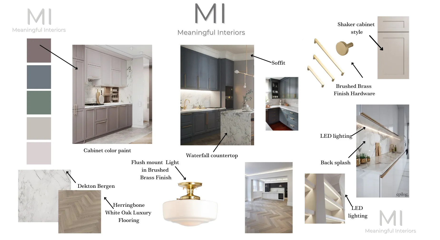 Kitchen concept board with cabinetry, hardware, lighting, and flooring selections