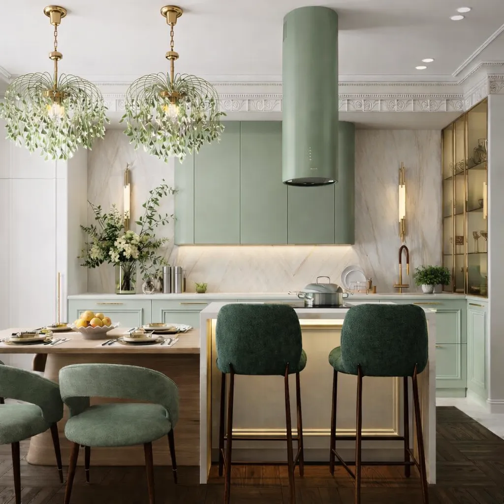 Sage green neurodesign kitchen with brass pendants and velvet stools
