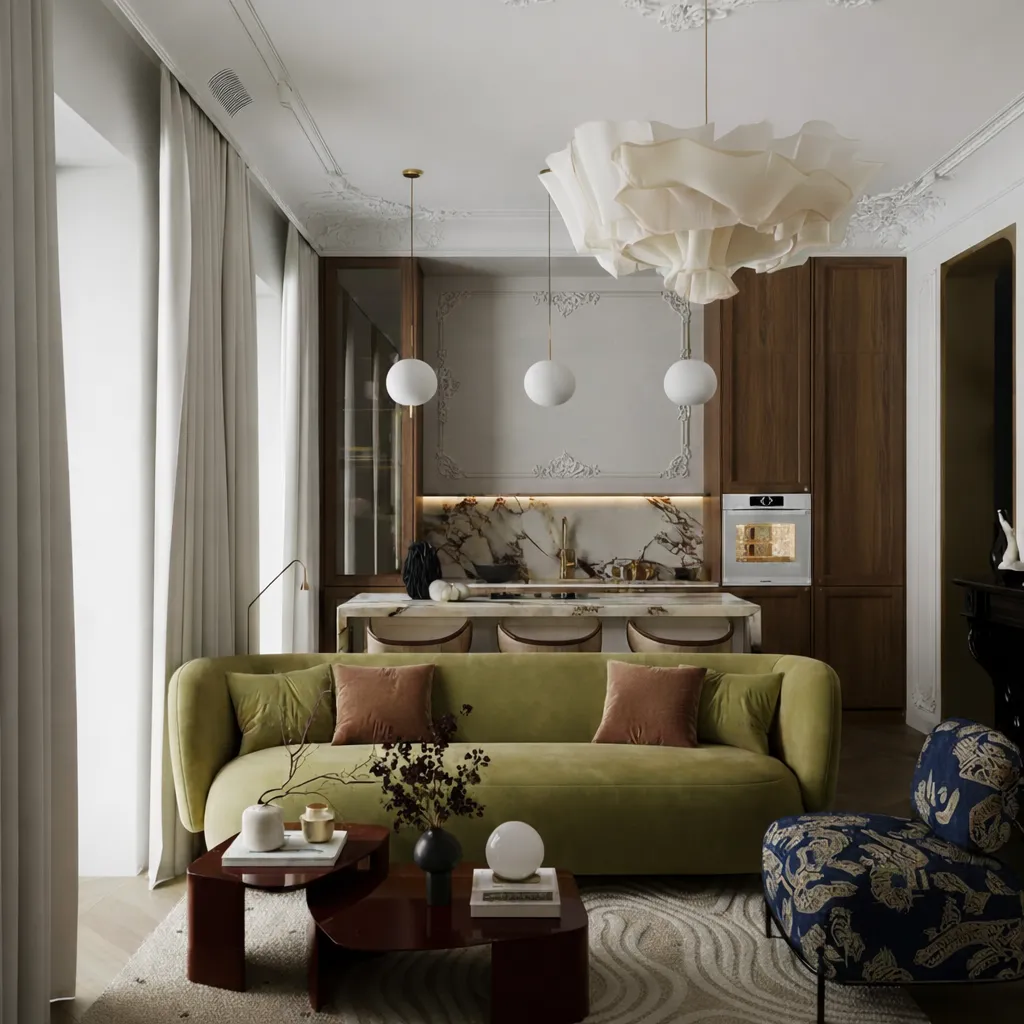 Living room with a sage green sofa and sculptural pendant light