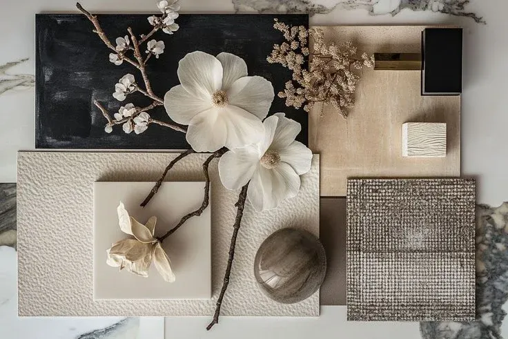 Material flat lay with stone, linen, and dried magnolia