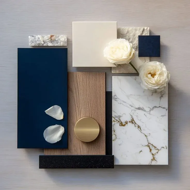 Material palette with marble, walnut, brass, and navy lacquer